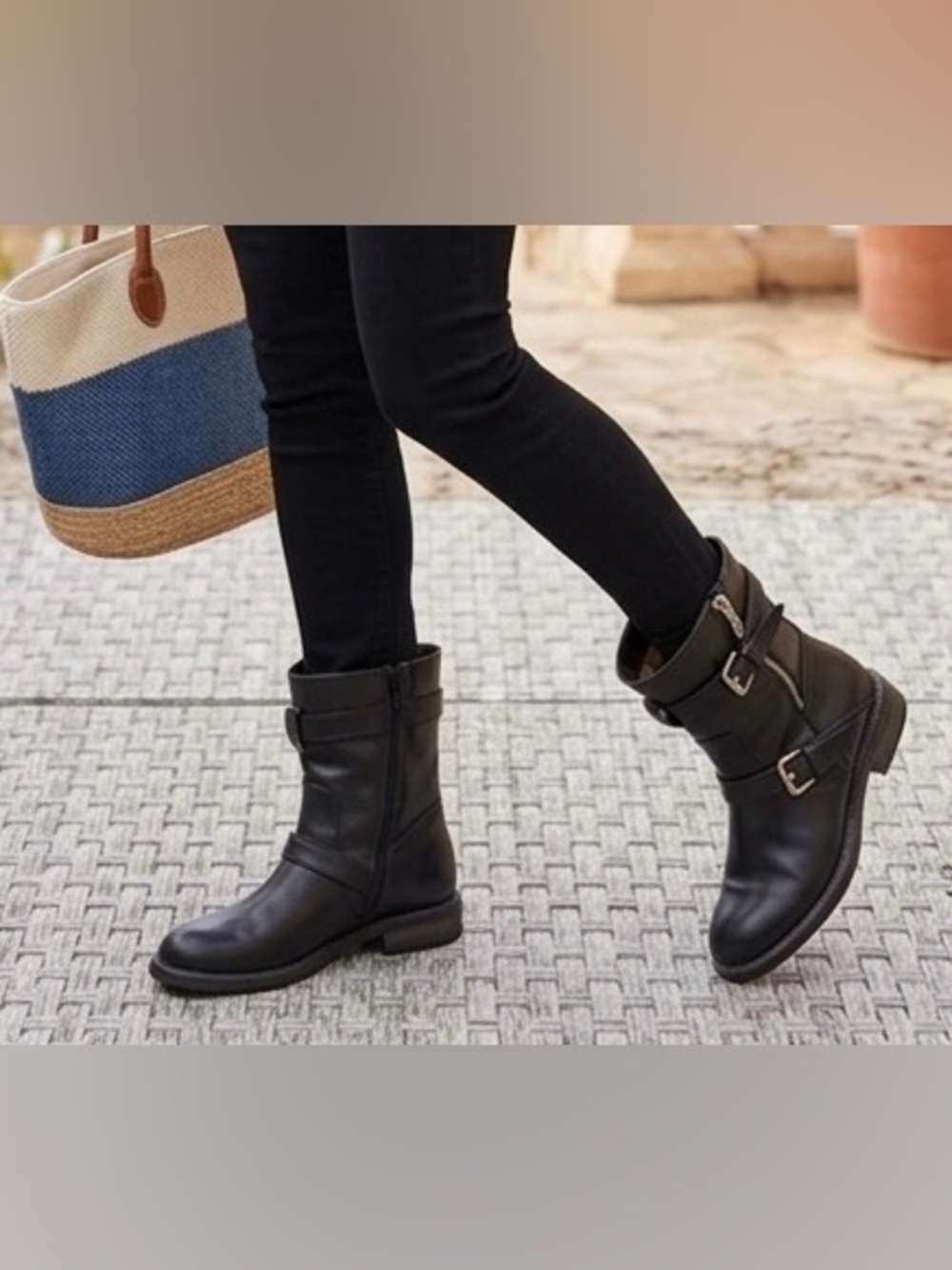 Aquatalia  Black Fine Leather Booties, Mock Side Zipper, Side Straps W/buckle, 8